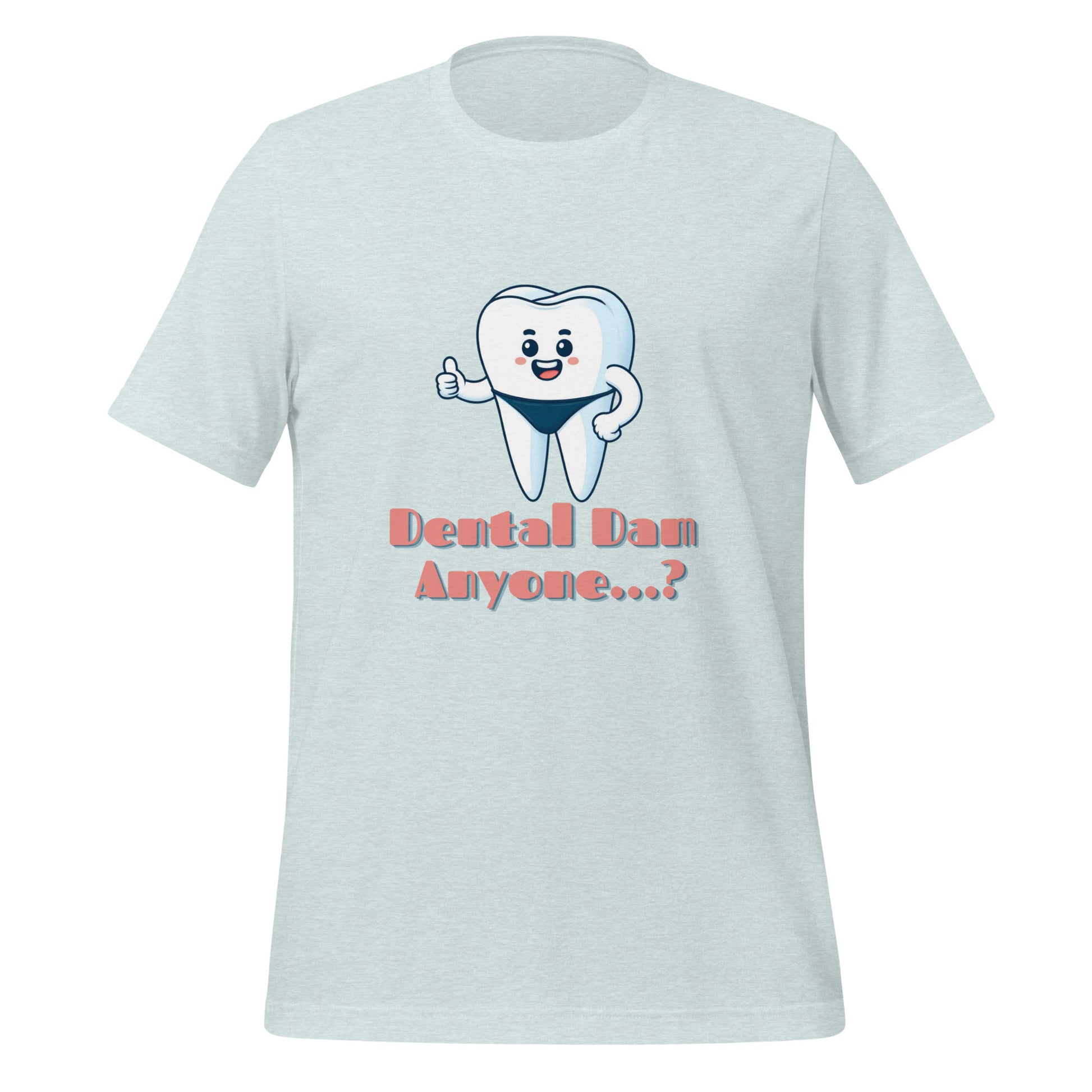 Funny dental shirt featuring a playful tooth character in a speedo with the text ‘Dental Dam Anyone?’, perfect for dentists, dental hygienists, and dental students who enjoy dental humor. This dental shirt is a unique addition to any dental professional’s wardrobe, making it an ideal dental office shirt. Don’t miss out on our dental assistant shirts and dental hygiene shirts. Heather prism ice blue color.