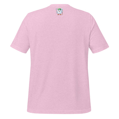 Cute dentist t-shirt showcasing an adorable tooth character in golf attire, joyfully celebrating a ‘hole in one’ achievement, perfect for dentist and dental professionals seeking unique and thematic dental apparel. Heather prism lilac color, back view.