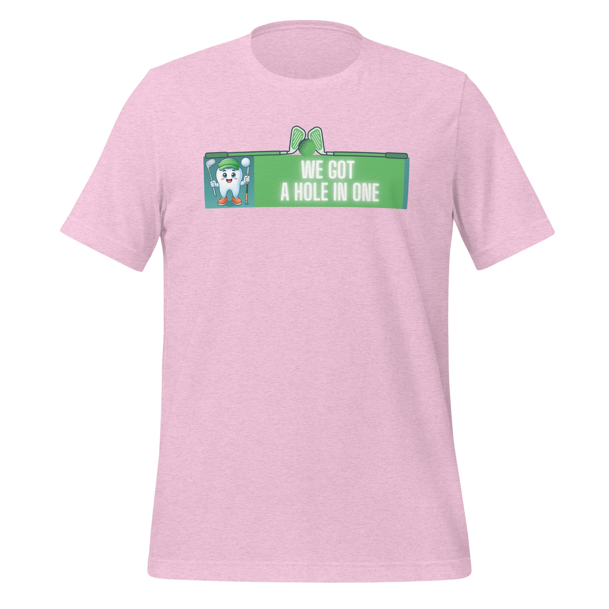 Cute dentist t-shirt showcasing an adorable tooth character in golf attire, joyfully celebrating a ‘hole in one’ achievement, perfect for dentist and dental professionals seeking unique and thematic dental apparel. Heather prism lilac color, front view.