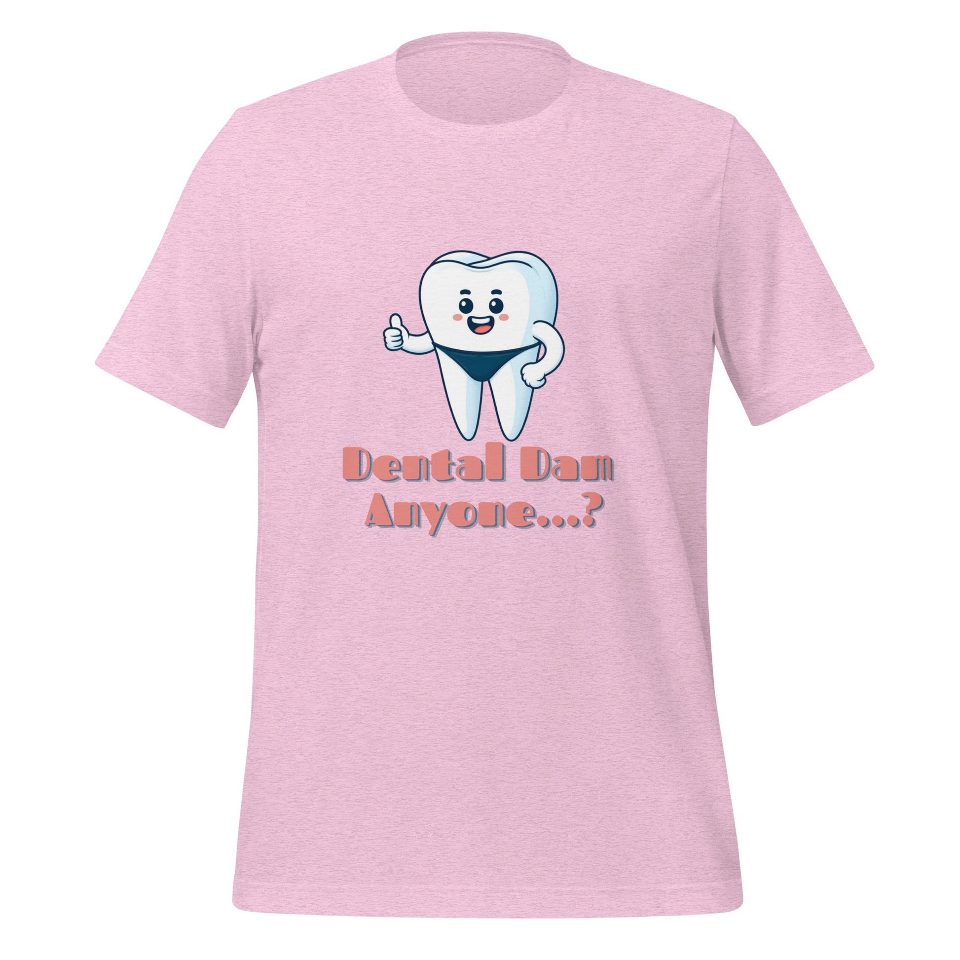Funny dental shirt featuring a playful tooth character in a speedo with the text ‘Dental Dam Anyone?’, perfect for dentists, dental hygienists, and dental students who enjoy dental humor. This dental shirt is a unique addition to any dental professional’s wardrobe, making it an ideal dental office shirt. Don’t miss out on our dental assistant shirts and dental hygiene shirts. Heather prism lilac color.