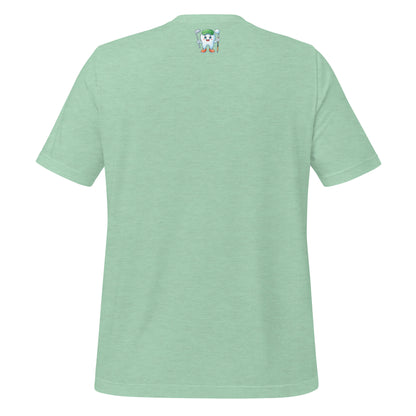 Cute dentist t-shirt showcasing an adorable tooth character in golf attire, joyfully celebrating a ‘hole in one’ achievement, perfect for dentist and dental professionals seeking unique and thematic dental apparel. Heather prism mint color, back view.