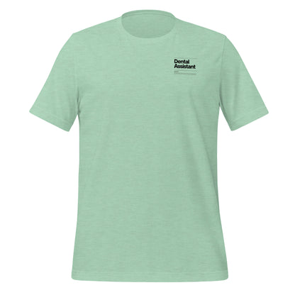 Heather prism mint dental assistant shirt featuring a creative label design with icons and text, perfect for dental assistants who want to express their identity and passion for their job - dental shirts front view.