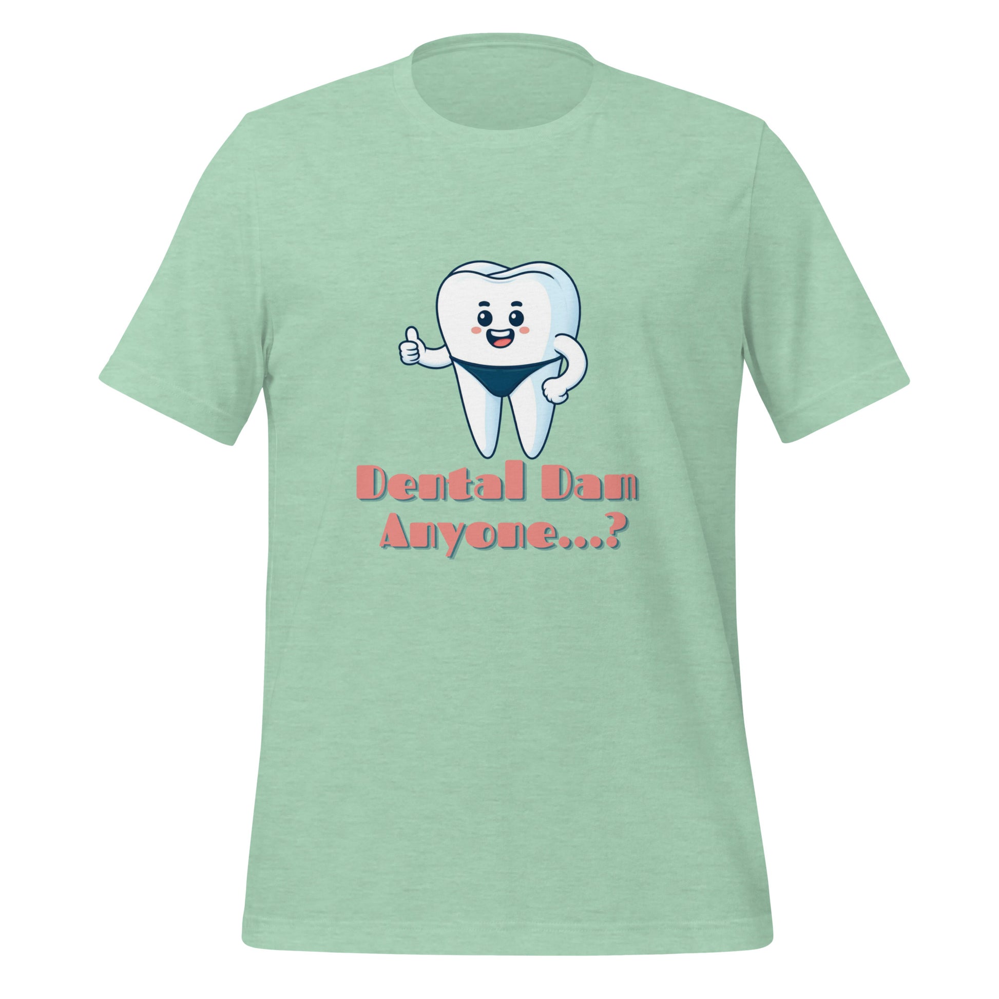 Funny dental shirt featuring a playful tooth character in a speedo with the text ‘Dental Dam Anyone?’, perfect for dentists, dental hygienists, and dental students who enjoy dental humor. This dental shirt is a unique addition to any dental professional’s wardrobe, making it an ideal dental office shirt. Don’t miss out on our dental assistant shirts and dental hygiene shirts. Heather prism mint color.