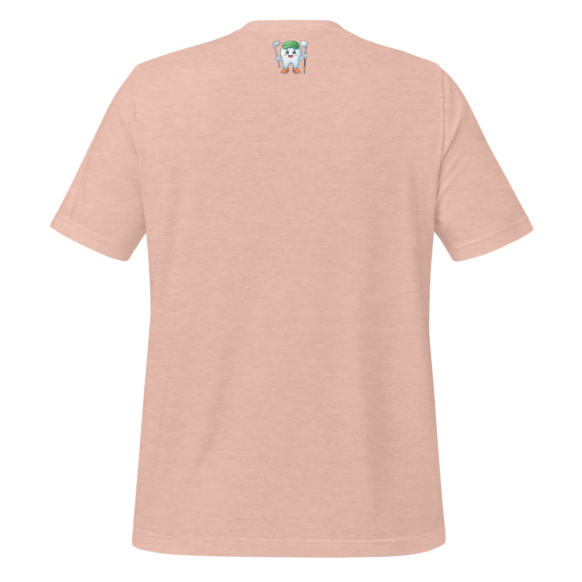 Cute dentist t-shirt showcasing an adorable tooth character in golf attire, joyfully celebrating a ‘hole in one’ achievement, perfect for dentist and dental professionals seeking unique and thematic dental apparel. Heather prism peach color, back view.