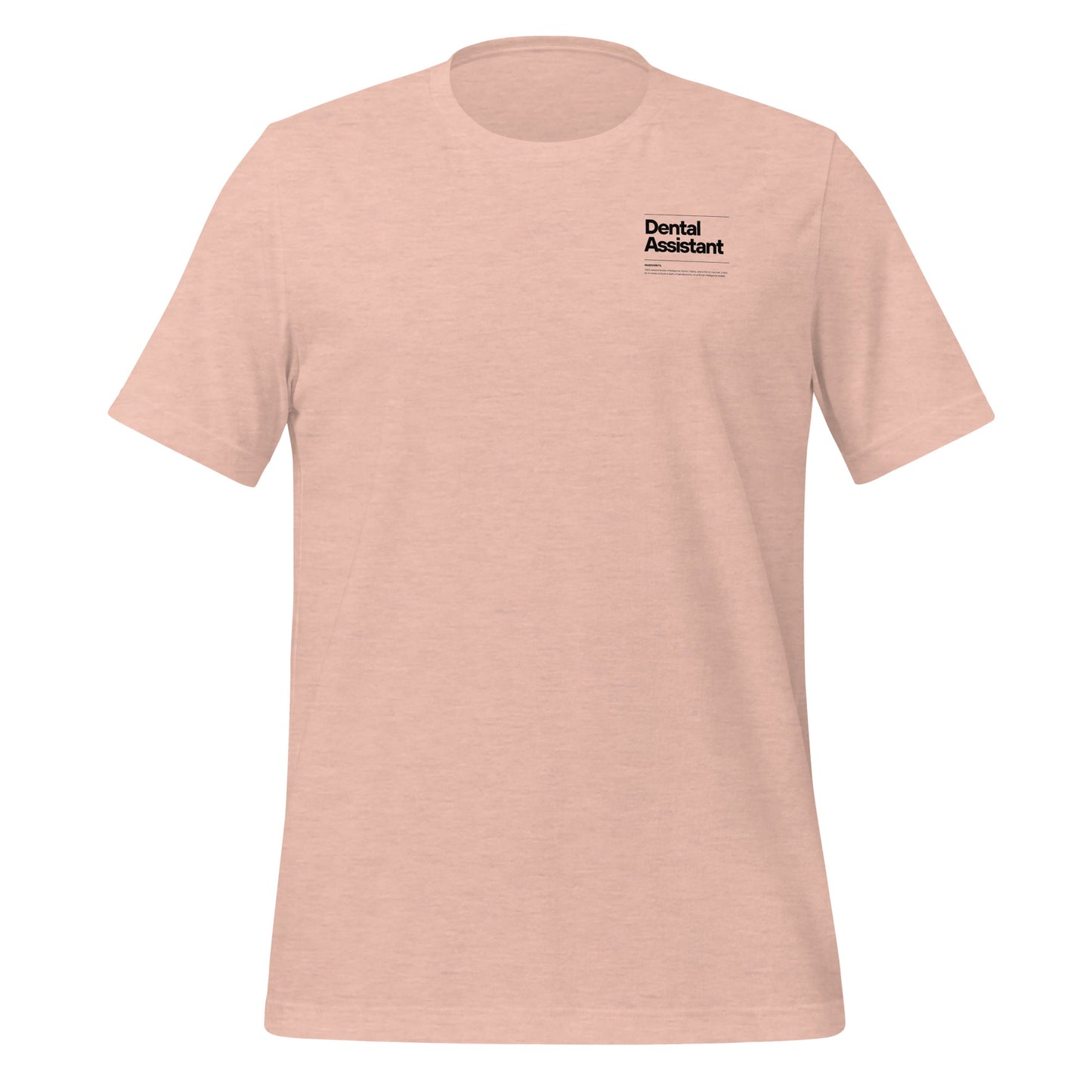 Heather prism peach dental assistant shirt featuring a creative label design with icons and text, perfect for dental assistants who want to express their identity and passion for their job - dental shirts front view.