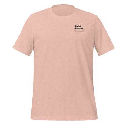 Heather prism peach dental assistant shirt featuring a creative label design with icons and text, perfect for dental assistants who want to express their identity and passion for their job - dental shirts front view.