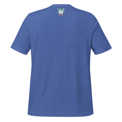 Cute dentist t-shirt showcasing an adorable tooth character in golf attire, joyfully celebrating a ‘hole in one’ achievement, perfect for dentist and dental professionals seeking unique and thematic dental apparel. Heather true royal color, back view.