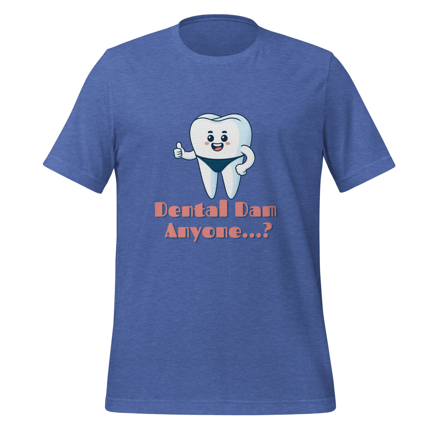 Funny dental shirt featuring a playful tooth character in a speedo with the text ‘Dental Dam Anyone?’, perfect for dentists, dental hygienists, and dental students who enjoy dental humor. This dental shirt is a unique addition to any dental professional’s wardrobe, making it an ideal dental office shirt. Don’t miss out on our dental assistant shirts and dental hygiene shirts. Heather true royal color.