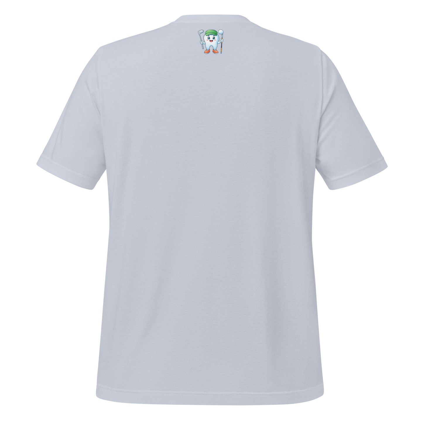 Cute dentist t-shirt showcasing an adorable tooth character in golf attire, joyfully celebrating a ‘hole in one’ achievement, perfect for dentist and dental professionals seeking unique and thematic dental apparel. Light blue color, back view.
