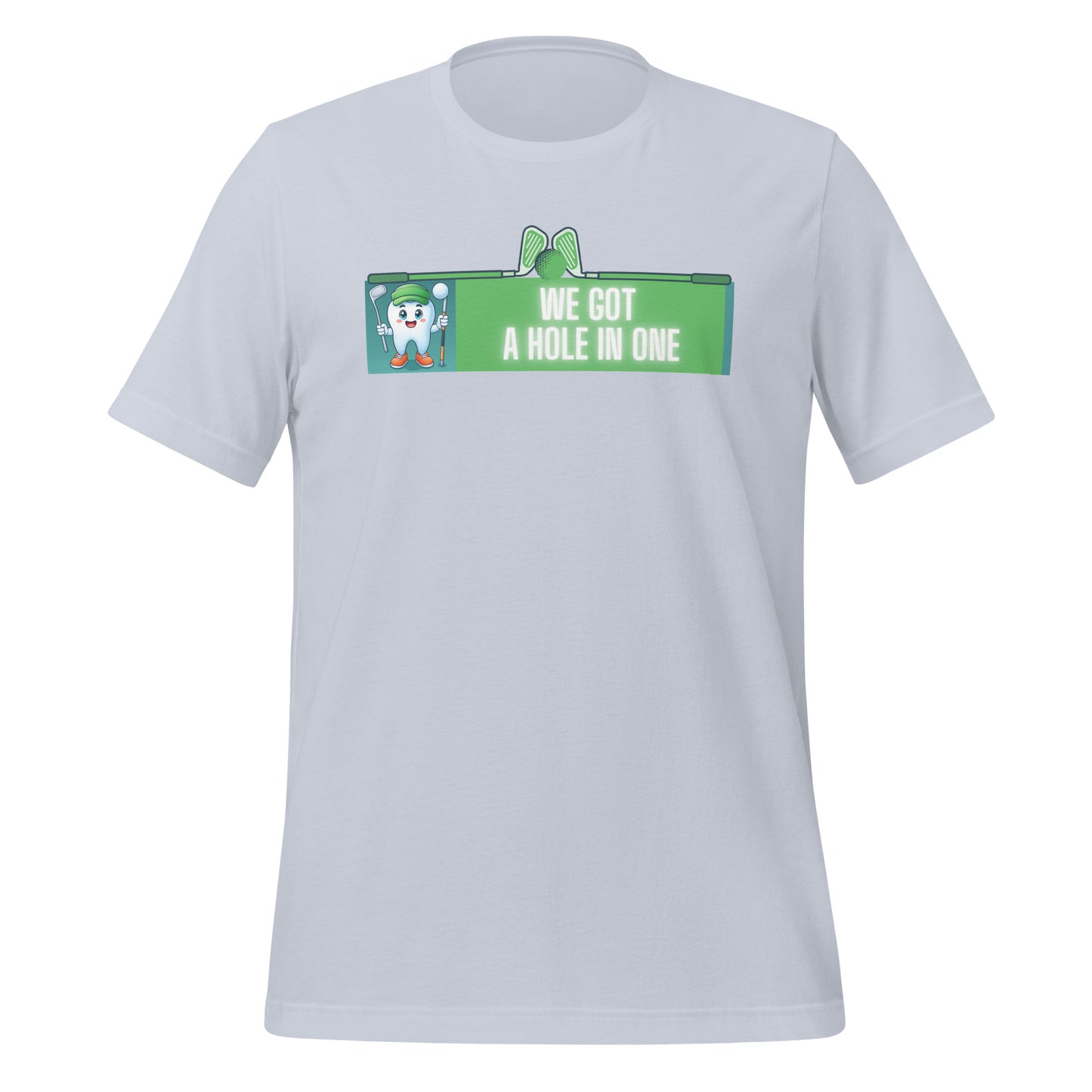 Cute dentist t-shirt showcasing an adorable tooth character in golf attire, joyfully celebrating a ‘hole in one’ achievement, perfect for dentist and dental professionals seeking unique and thematic dental apparel. Light blue color, front view.