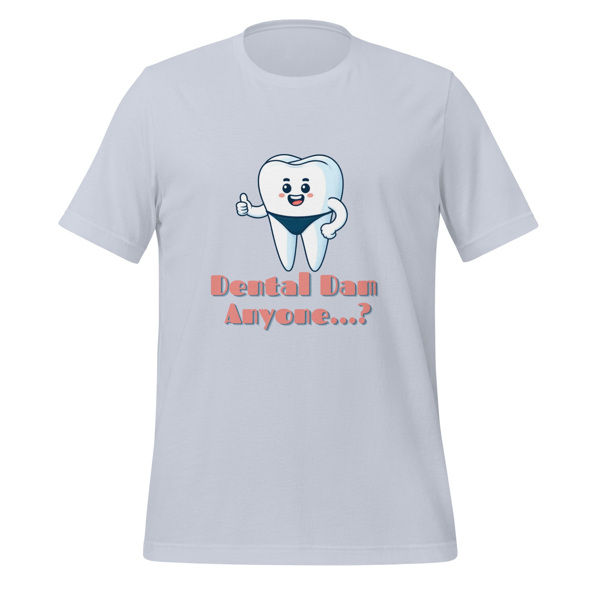 Funny dental shirt featuring a playful tooth character in a speedo with the text ‘Dental Dam Anyone?’, perfect for dentists, dental hygienists, and dental students who enjoy dental humor. This dental shirt is a unique addition to any dental professional’s wardrobe, making it an ideal dental office shirt. Don’t miss out on our dental assistant shirts and dental hygiene shirts. Light blue color.