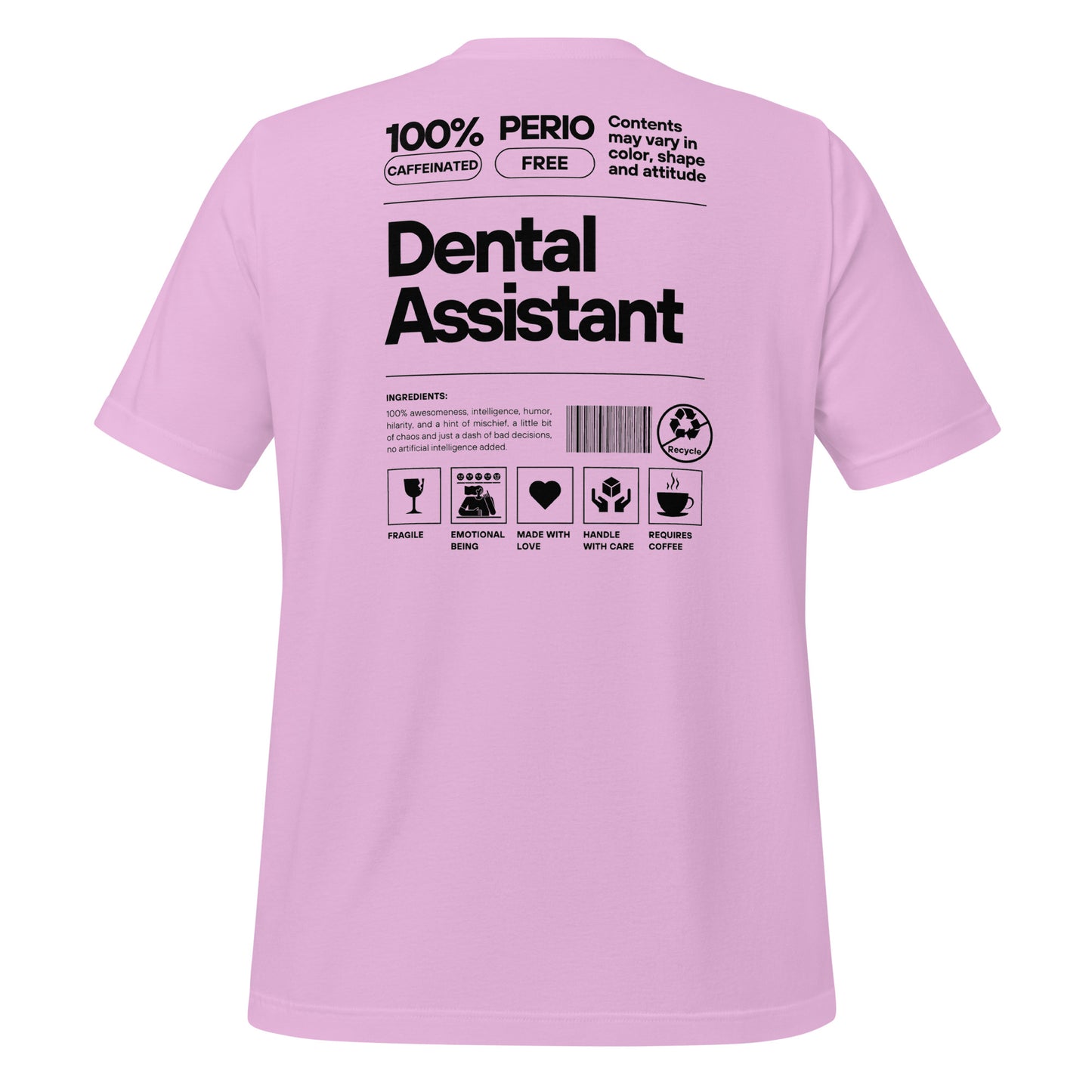Lilac dental assistant shirt featuring a creative label design with icons and text, perfect for dental assistants who want to express their identity and passion for their job - dental shirts back view.