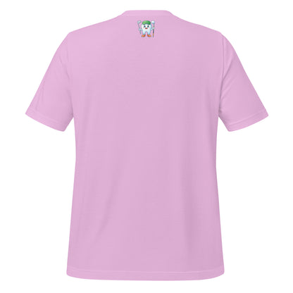 Cute dentist t-shirt showcasing an adorable tooth character in golf attire, joyfully celebrating a ‘hole in one’ achievement, perfect for dentist and dental professionals seeking unique and thematic dental apparel. Lilac color, back view.