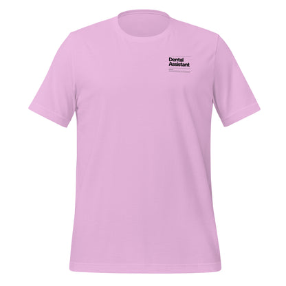 Lilac dental assistant shirt featuring a creative label design with icons and text, perfect for dental assistants who want to express their identity and passion for their job - dental shirts front view.