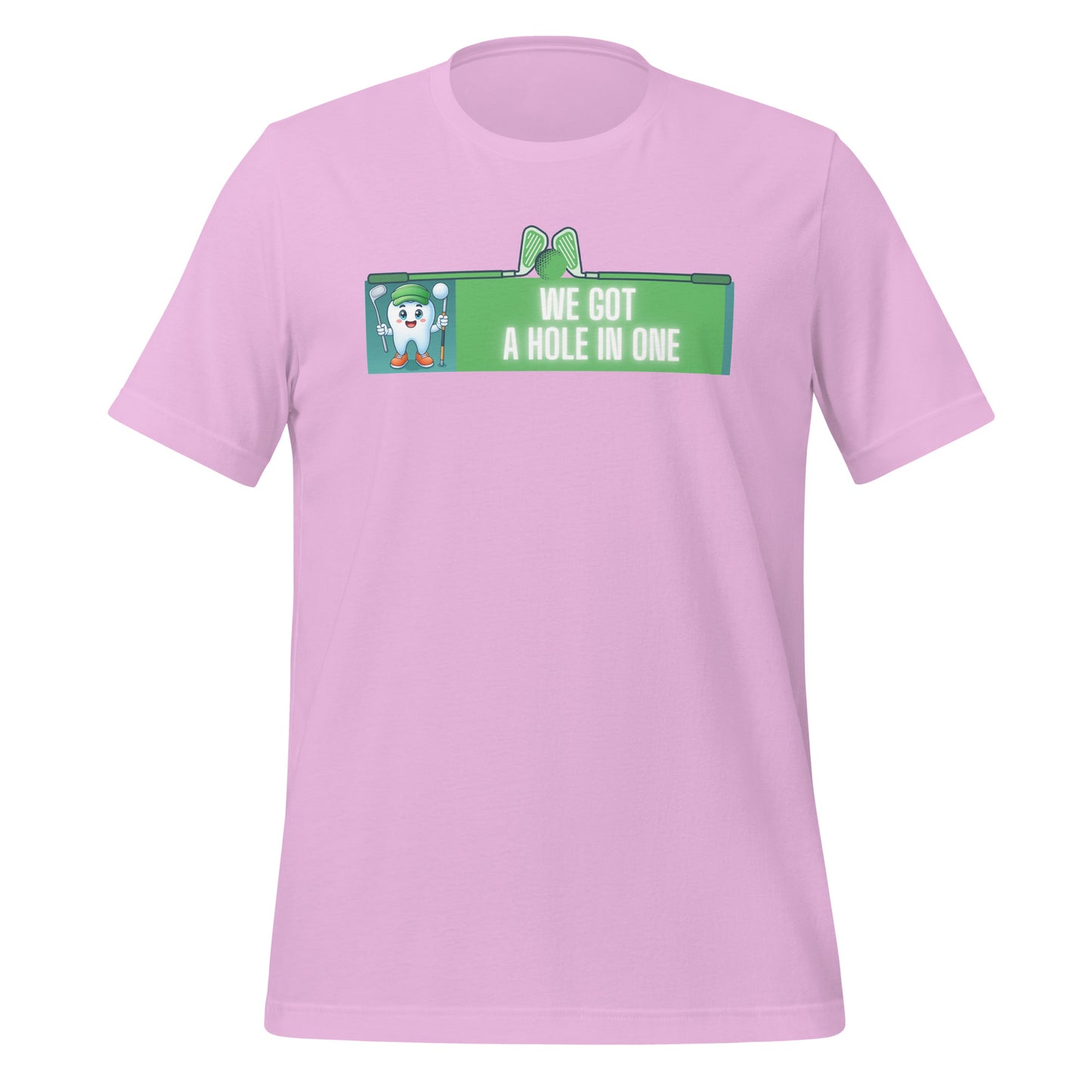 Cute dentist t-shirt showcasing an adorable tooth character in golf attire, joyfully celebrating a ‘hole in one’ achievement, perfect for dentist and dental professionals seeking unique and thematic dental apparel. Lilac color, front view.