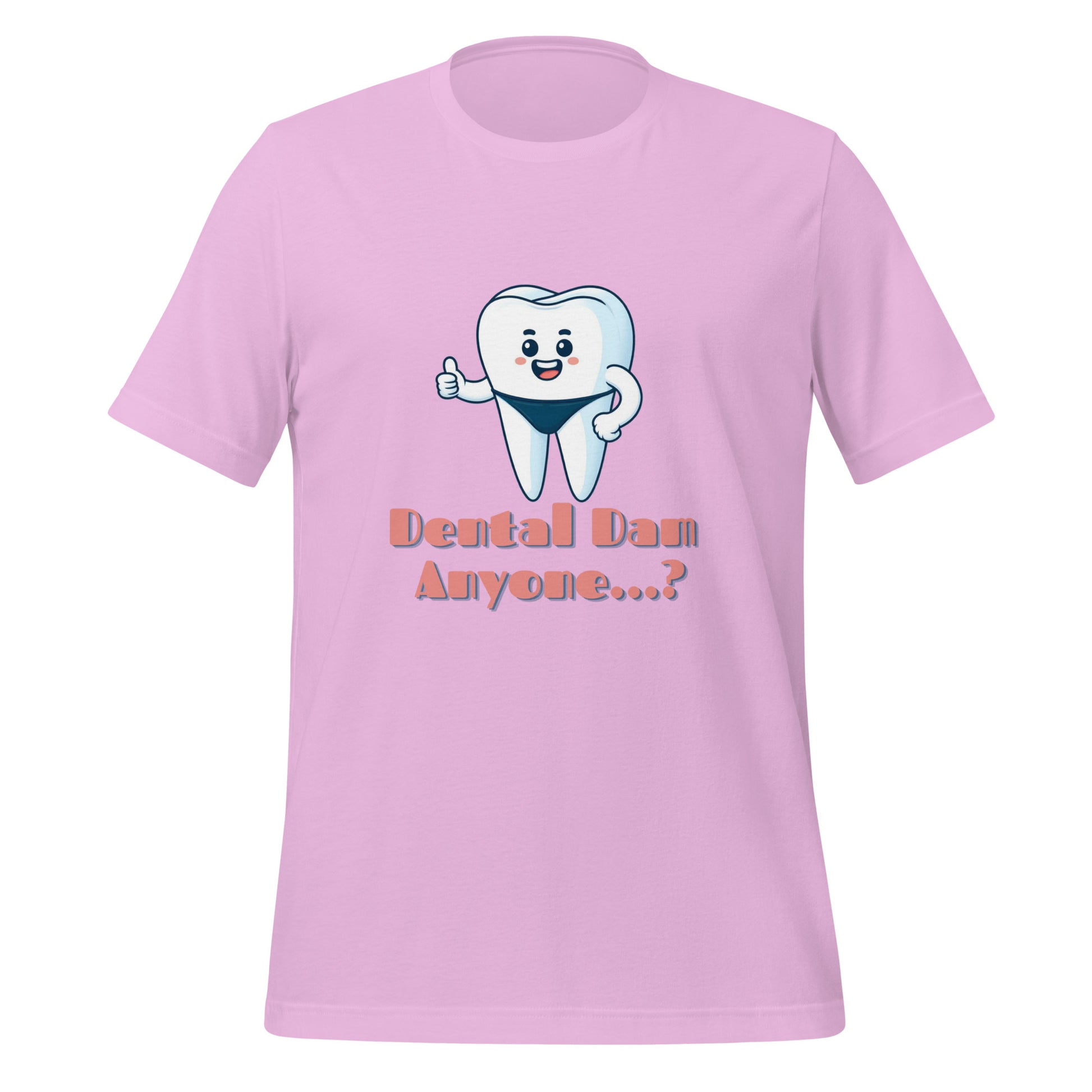 Funny dental shirt featuring a playful tooth character in a speedo with the text ‘Dental Dam Anyone?’, perfect for dentists, dental hygienists, and dental students who enjoy dental humor. This dental shirt is a unique addition to any dental professional’s wardrobe, making it an ideal dental office shirt. Don’t miss out on our dental assistant shirts and dental hygiene shirts. Lilac color.