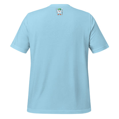 Cute dentist t-shirt showcasing an adorable tooth character in golf attire, joyfully celebrating a ‘hole in one’ achievement, perfect for dentist and dental professionals seeking unique and thematic dental apparel. Ocean blue color, back view.