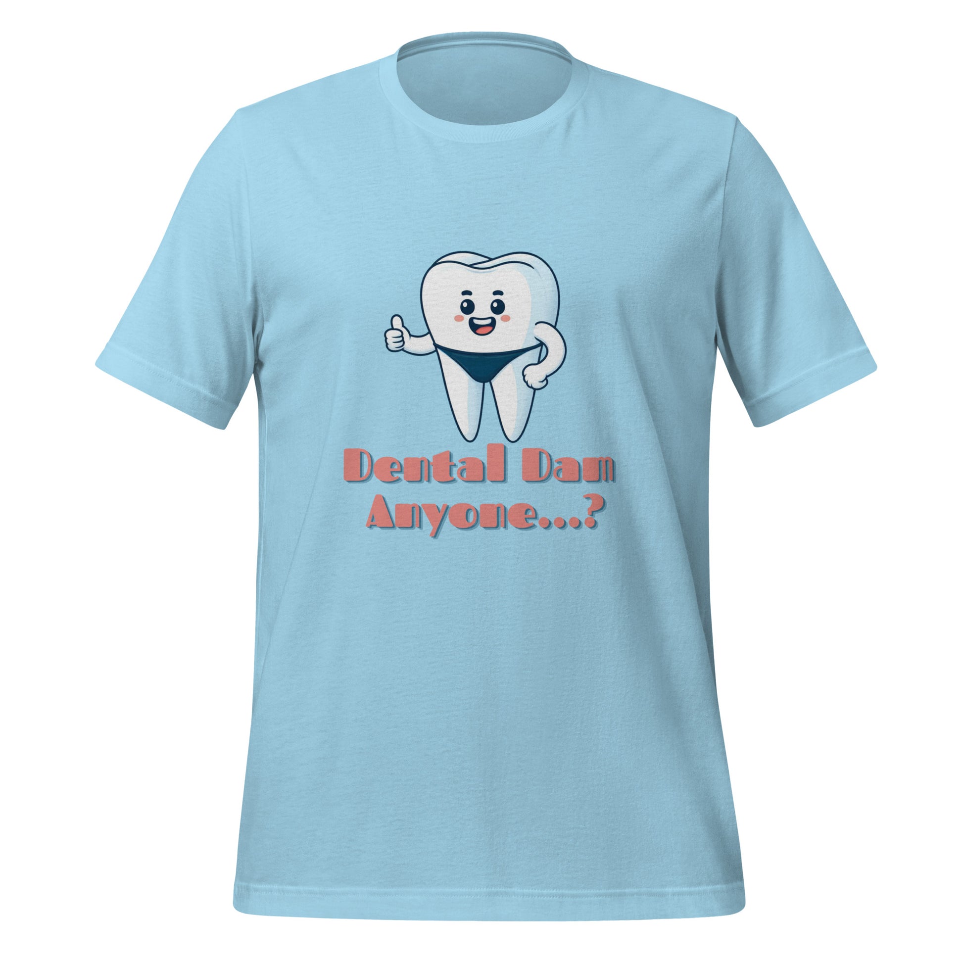 Funny dental shirt featuring a playful tooth character in a speedo with the text ‘Dental Dam Anyone?’, perfect for dentists, dental hygienists, and dental students who enjoy dental humor. This dental shirt is a unique addition to any dental professional’s wardrobe, making it an ideal dental office shirt. Don’t miss out on our dental assistant shirts and dental hygiene shirts. Ocean blue color.