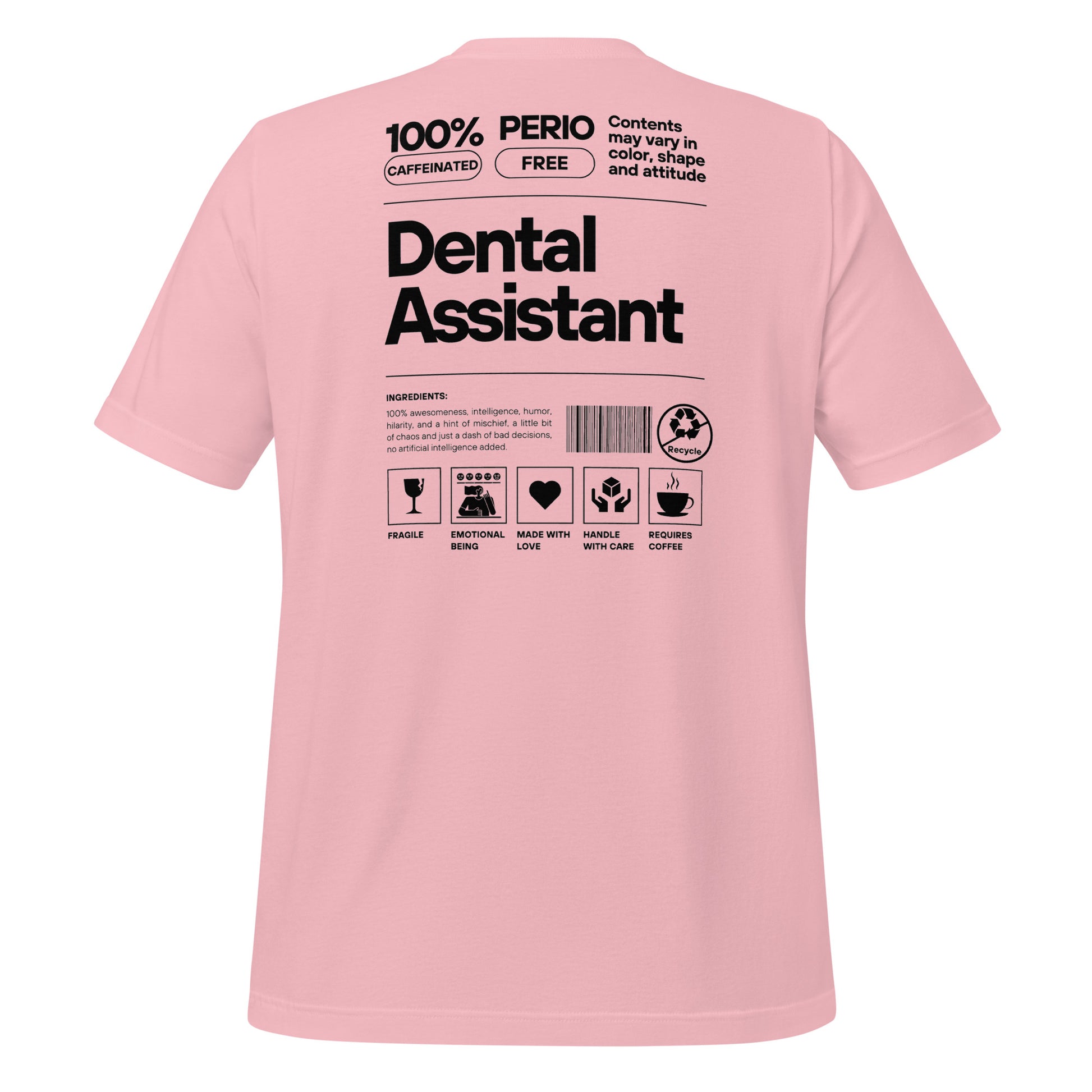 Pink dental assistant shirt featuring a creative label design with icons and text, perfect for dental assistants who want to express their identity and passion for their job - dental shirts back view.