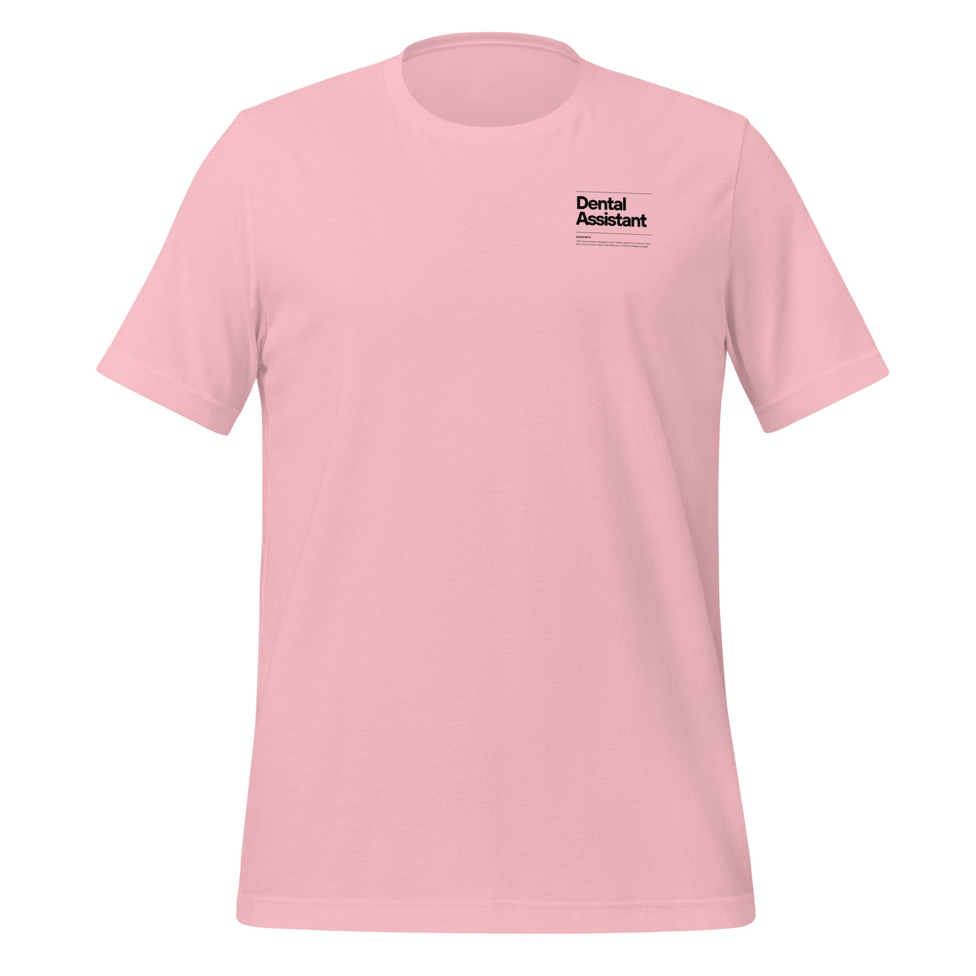 Pink dental assistant shirt featuring a creative label design with icons and text, perfect for dental assistants who want to express their identity and passion for their job - dental shirts front view.