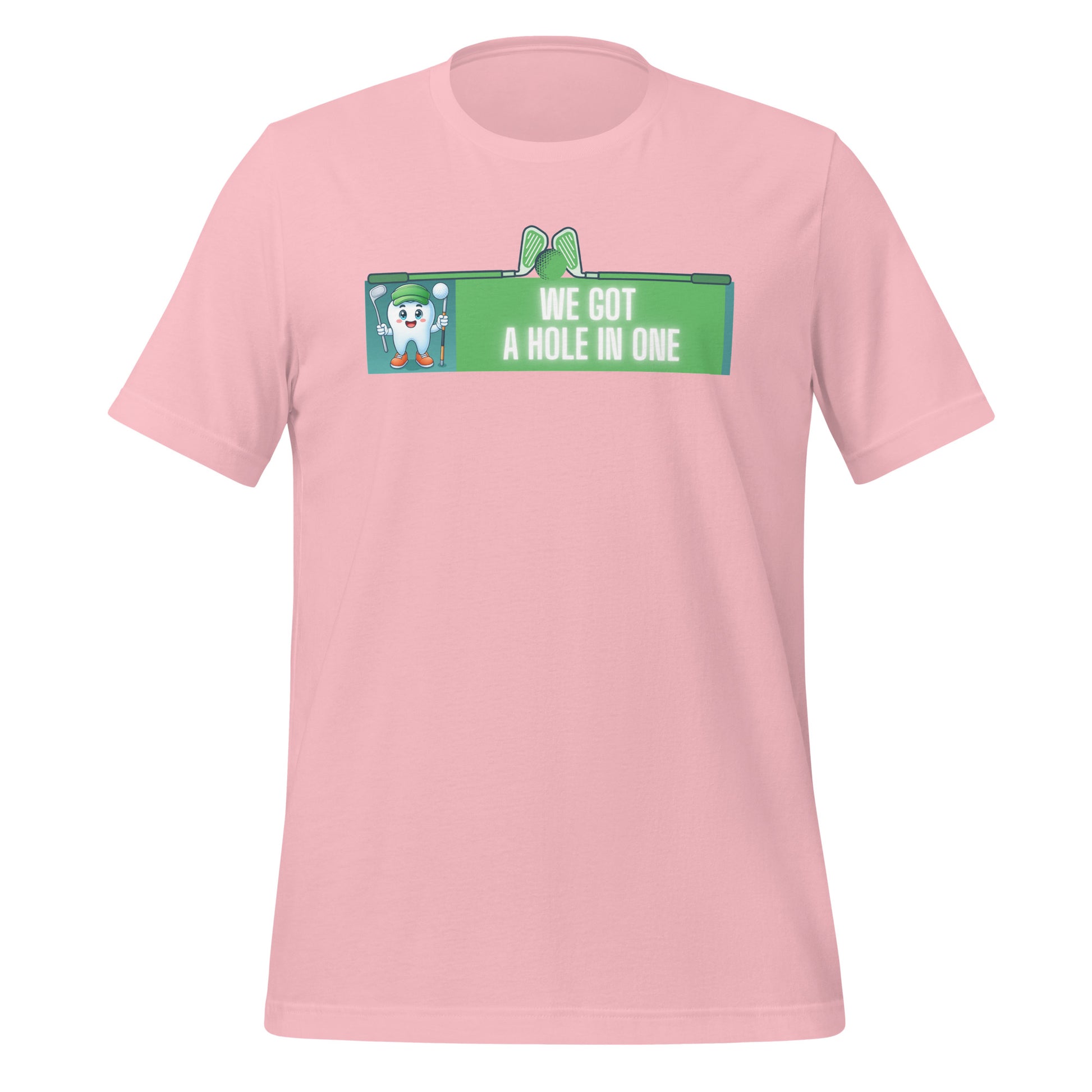 Cute dentist t-shirt showcasing an adorable tooth character in golf attire, joyfully celebrating a ‘hole in one’ achievement, perfect for dentist and dental professionals seeking unique and thematic dental apparel. Pink color, front view.