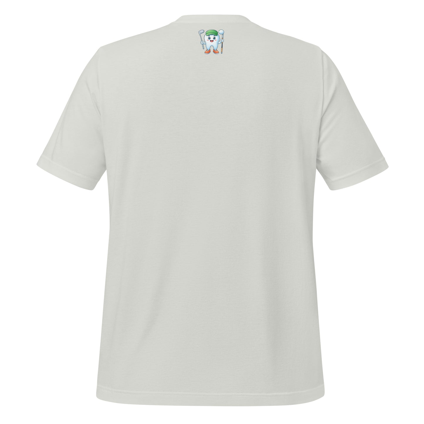 Cute dentist t-shirt showcasing an adorable tooth character in golf attire, joyfully celebrating a ‘hole in one’ achievement, perfect for dentist and dental professionals seeking unique and thematic dental apparel. Silver color, back view.