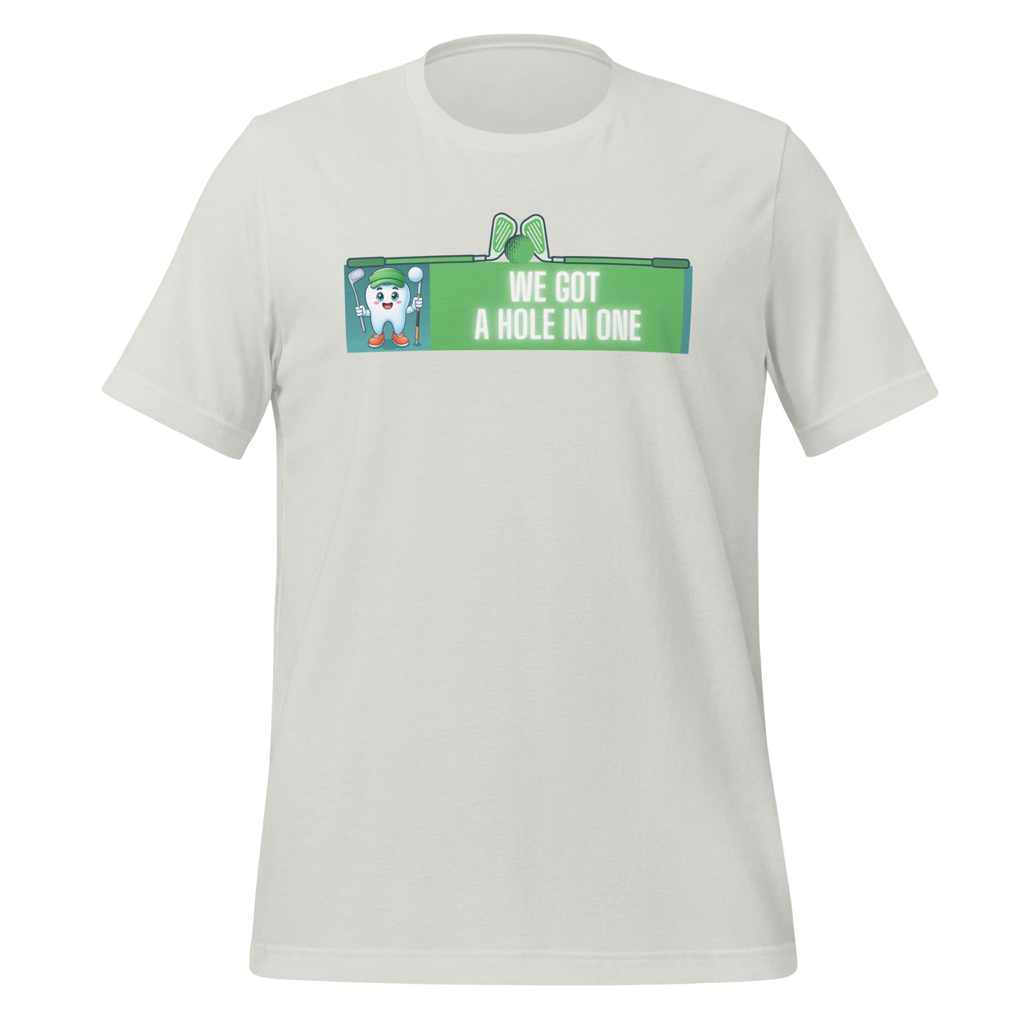 Cute dentist t-shirt showcasing an adorable tooth character in golf attire, joyfully celebrating a ‘hole in one’ achievement, perfect for dentist and dental professionals seeking unique and thematic dental apparel. Silver color, front view.