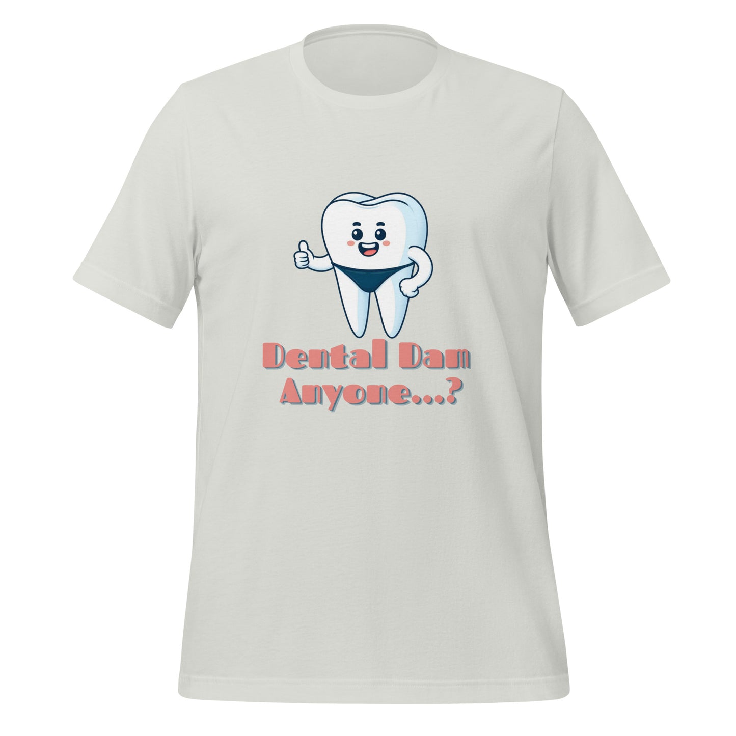 Funny dental shirt featuring a playful tooth character in a speedo with the text ‘Dental Dam Anyone?’, perfect for dentists, dental hygienists, and dental students who enjoy dental humor. This dental shirt is a unique addition to any dental professional’s wardrobe, making it an ideal dental office shirt. Don’t miss out on our dental assistant shirts and dental hygiene shirts. Silver color.