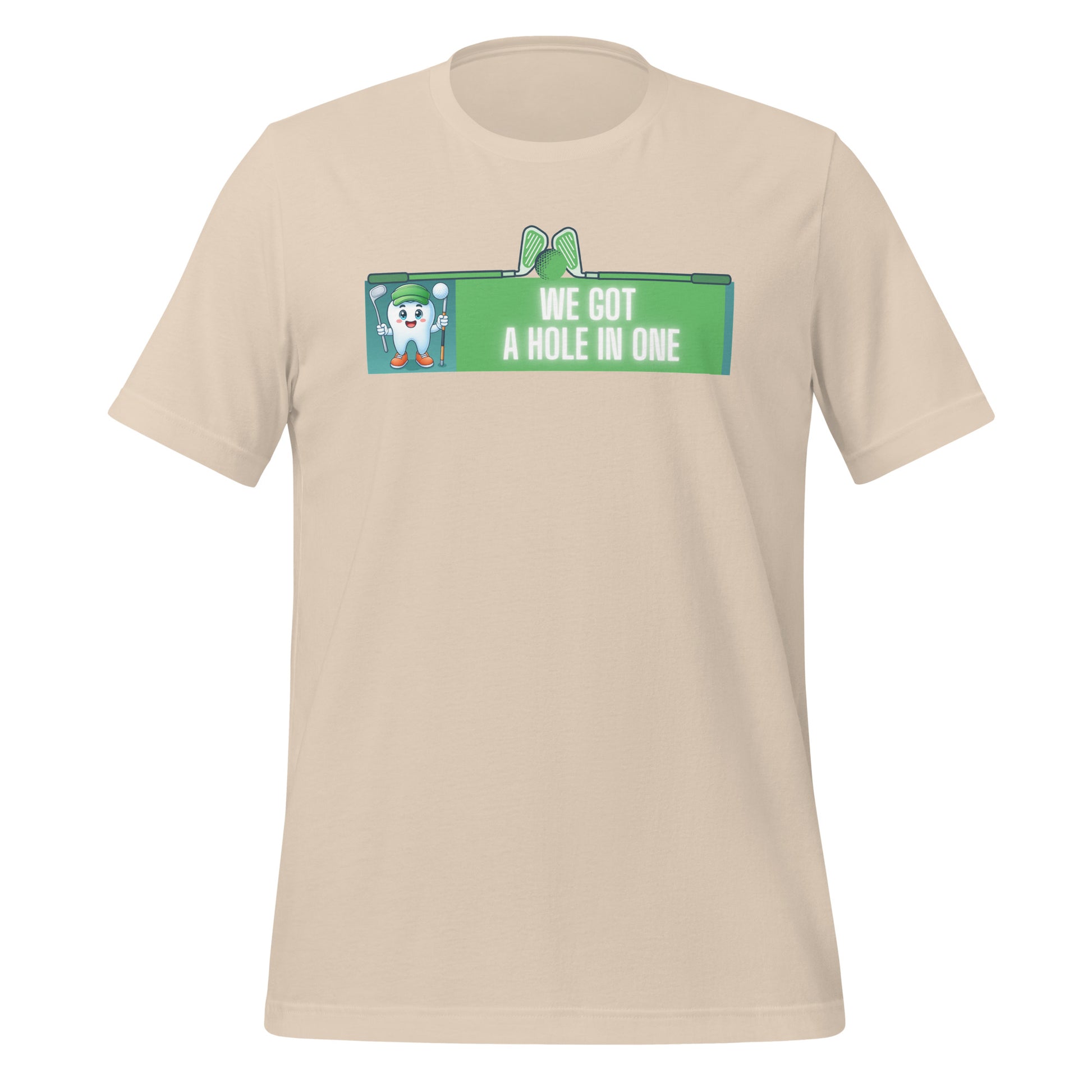 Cute dentist t-shirt showcasing an adorable tooth character in golf attire, joyfully celebrating a ‘hole in one’ achievement, perfect for dentist and dental professionals seeking unique and thematic dental apparel. Soft cream color, front view.