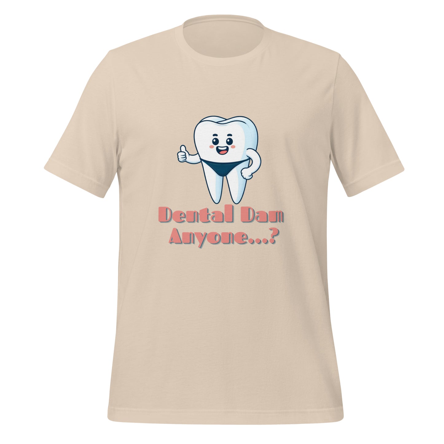 Funny dental shirt featuring a playful tooth character in a speedo with the text ‘Dental Dam Anyone?’, perfect for dentists, dental hygienists, and dental students who enjoy dental humor. This dental shirt is a unique addition to any dental professional’s wardrobe, making it an ideal dental office shirt. Don’t miss out on our dental assistant shirts and dental hygiene shirts. Soft cream color.