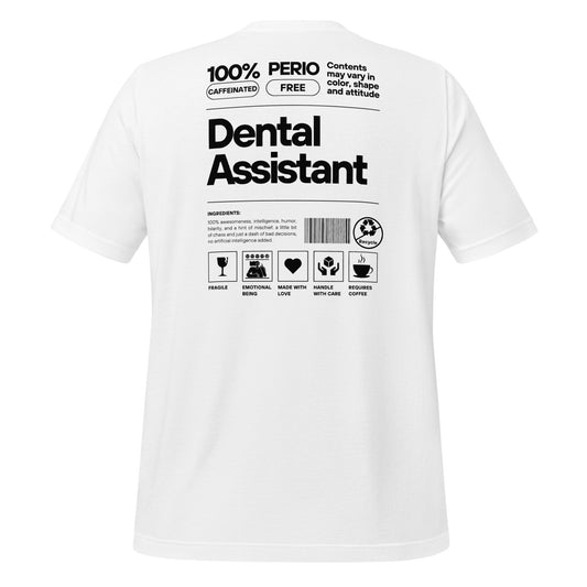 White dental assistant shirt featuring a creative label design with icons and text, perfect for dental assistants who want to express their identity and passion for their job - dental shirts back view.