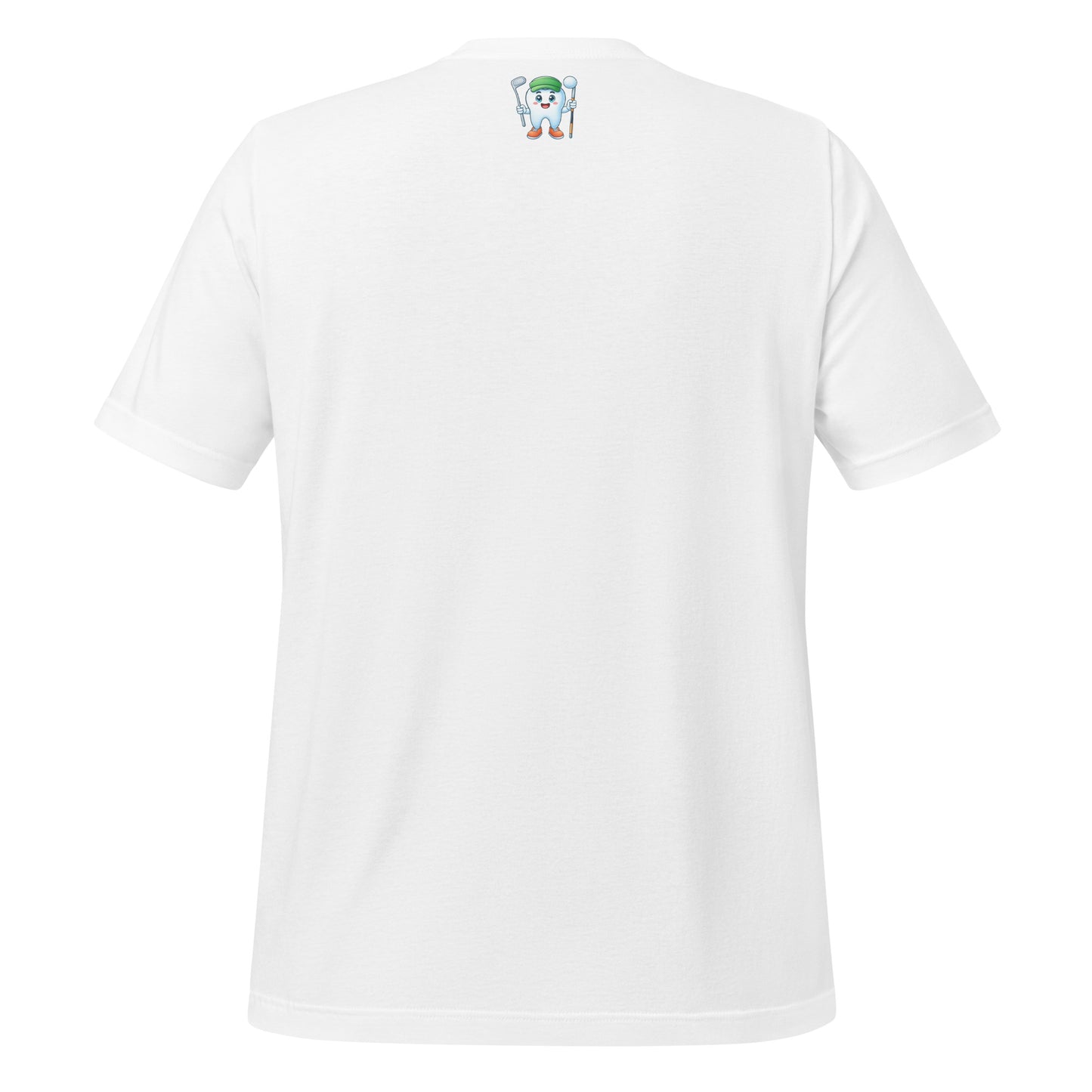 Cute dentist t-shirt showcasing an adorable tooth character in golf attire, joyfully celebrating a ‘hole in one’ achievement, perfect for dentist and dental professionals seeking unique and thematic dental apparel. White color back view.