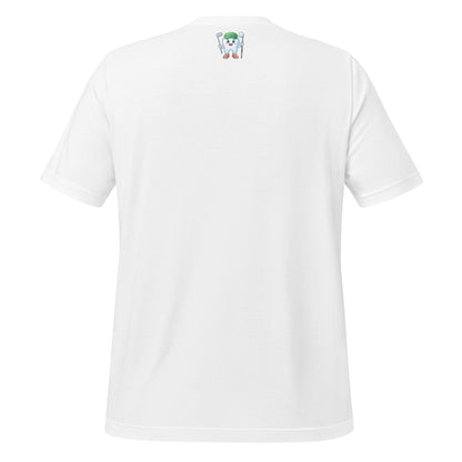 Cute dentist t-shirt showcasing an adorable tooth character in golf attire, joyfully celebrating a ‘hole in one’ achievement, perfect for dentist and dental professionals seeking unique and thematic dental apparel. White color back view.