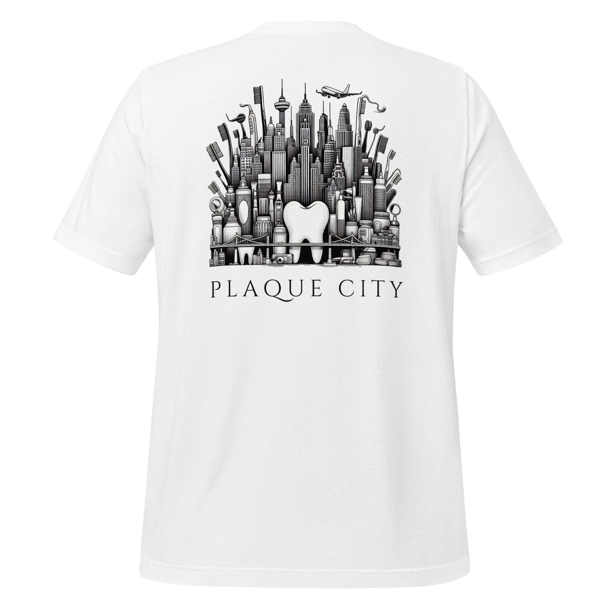 Cityscape illustration made of dental hygiene products, including toothpaste tubes, toothbrushes, and floss containers. Perfect for a dentist or dental hygienist gift, or a unique dental-themed t-shirt design. White color.