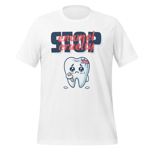 Adorable dental t-shirt with a sad crying cartoon tooth character with chipped enamel, ideal for dental hygienists or as a cute dental hygienist t-shirt gift. White color.