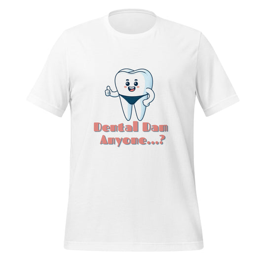 Funny dental shirt featuring a playful tooth character in a speedo with the text ‘Dental Dam Anyone?’, perfect for dentists, dental hygienists, and dental students who enjoy dental humor. This dental shirt is a unique addition to any dental professional’s wardrobe, making it an ideal dental office shirt. Don’t miss out on our dental assistant shirts and dental hygiene shirts. White color.